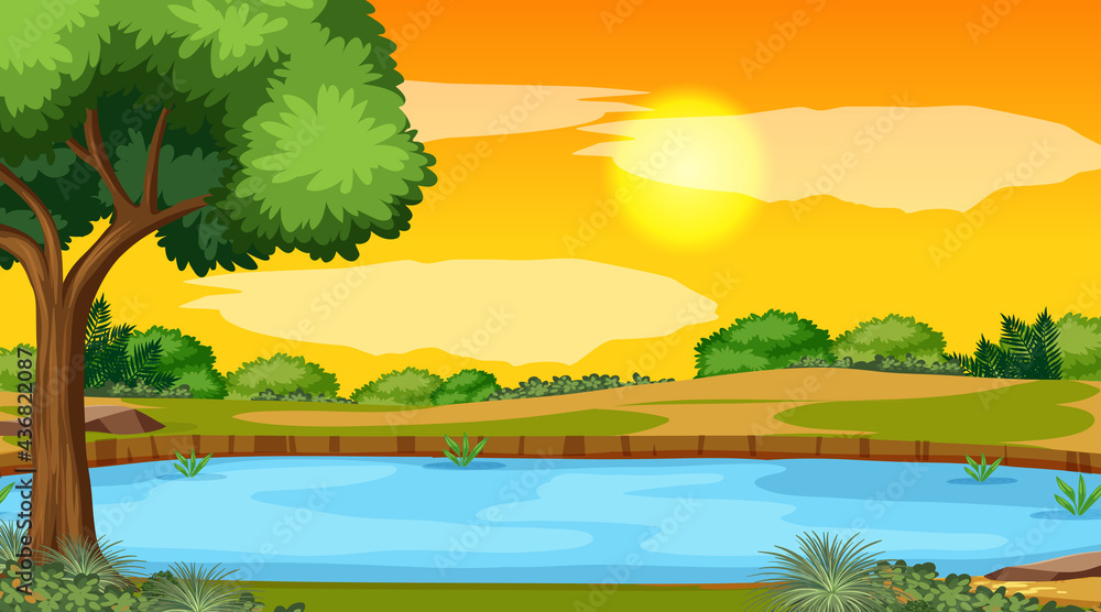 Landscape scene of forest with river and the sun going down