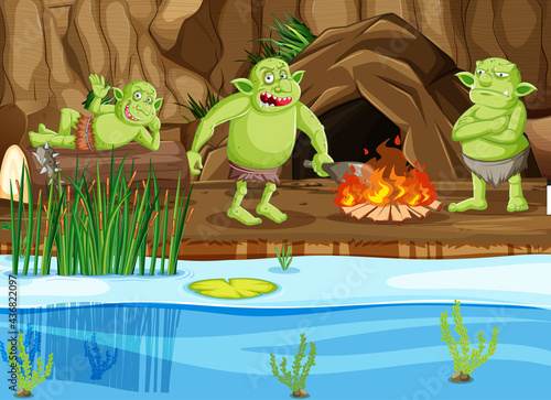 Night scene with goblin or troll cartoon character