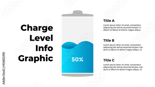 Battery charge level Infographic. 50 percents power indicator. Energy percentage loading process. Vector slide template. Creative conceptual chart.