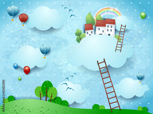 Fantasy landscape with stairways and village over the clouds. Vector illustration eps10
