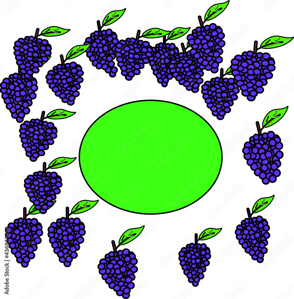 A group of purple colored grapes surrounding the round green colored frame which is used for the writings at the occasions like wine day A group of purple colored grapes surrounding the round green colored frame which is used for the writings at the occasions like wine day