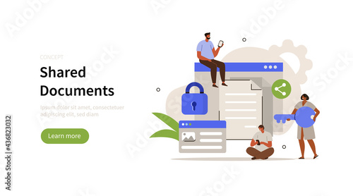 People characters using сyber security services to protect documents and personal data. Cloud shared documents, privacy protection and secure files and folders. Flat cartoon vector illustration.