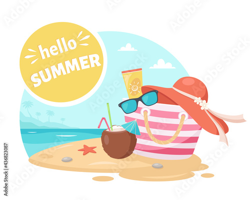 Hello summer greeting card. Beach hat, pina colada, sunglasses, sunscreen and beach bag. Summer elements. Vector illustration
