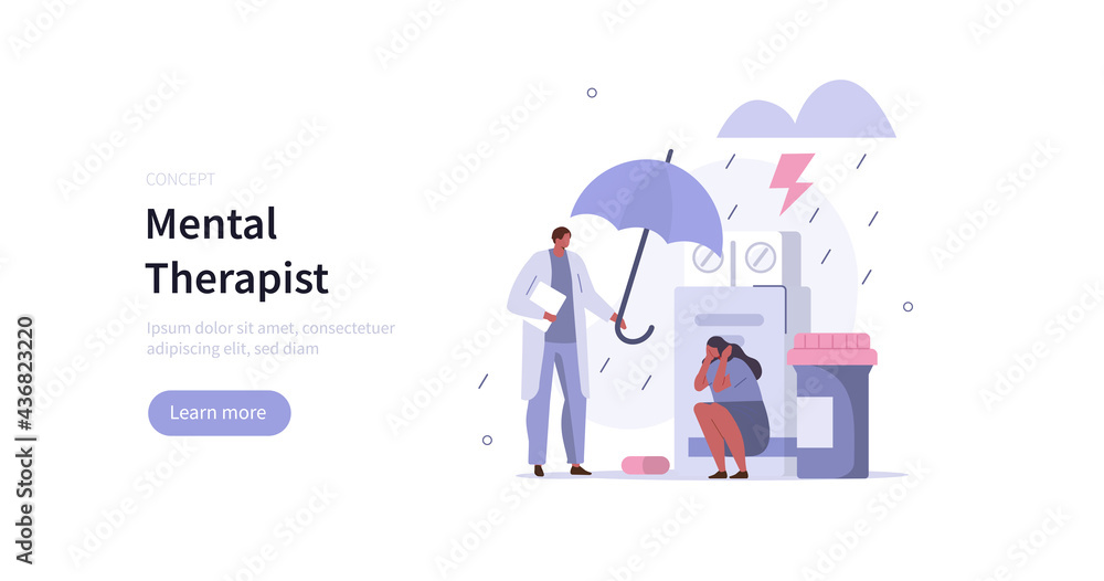 Doctor psychologist helping patient with depression. Character having  therapy against mental diseases. Mental health problem and treatment.  Mental disorder concept. Flat cartoon vector illustration.