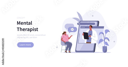 Character having online сonsultation and therapy against mental diseases with doctor psychologist. Mental health problems and treatment.  Mental disorder concept. Flat cartoon vector illustration.