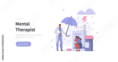 Doctor psychologist helping patient with depression. Character having therapy against mental diseases. Mental health problem and treatment. Mental disorder concept. Flat cartoon vector illustration.