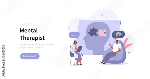 Character having сonsultation and therapy against mental diseases with doctor psychologist. Mental health problems and treatment.  Mental disorder concept. Flat cartoon vector illustration.