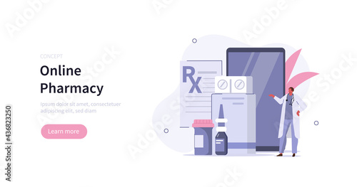 Doctor pharmacist in drugstore standing near smartphone and presenting medicine pills and bottles. Online pharmacy store concept. Flat cartoon vector illustration.