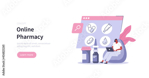 Patient buying  medicine pills and bottles in online drugstore. Online pharmacy store and health care concept. Flat cartoon vector illustration.