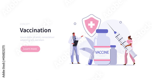 Doctor and nurse preparing for global vaccination against coronavirus. Covid vaccine ready for clinical trial. Immunization campaign concept. Flat cartoon vector illustration.
