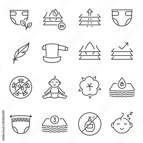 Collection baby diaper icon vector illustration. Set of toddler hygienic clothes and equipment
