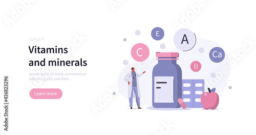 Doctor presenting daily vitamin and mineral supplements in capsules. Balanced healthy diet and eating concept. Flat cartoon vector illustration.