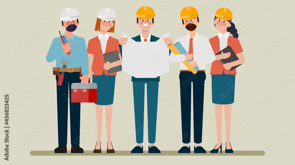Obraz premium Engineering teamwork flat character. Animation cartoon vector.
