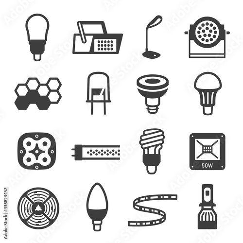 Collection of led lamp equipment simple icon vector illustration. Set of light device technology