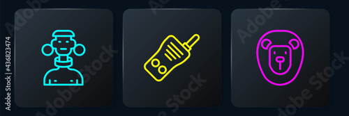 Set line African tribe male, Wild lion and Walkie talkie. Black square button. Vector