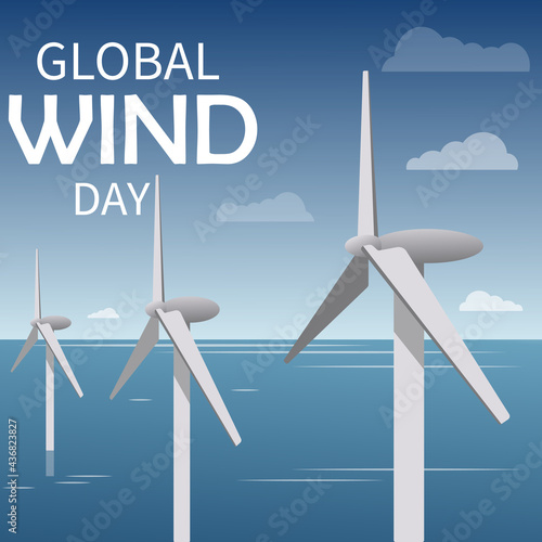 Global wind day illustration. Wind turbines against the background of the sea and sky