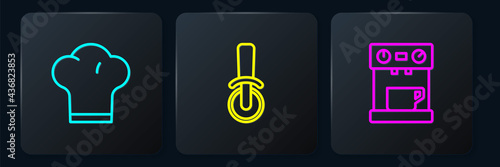 Set line Chef hat, Coffee machine and Pizza knife. Black square button. Vector