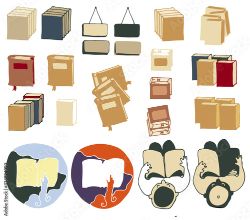 Vector set illustration pile of books. Hand on the book logo, open book. Reading man. Book cover, library, collection, edition.  Signage, items. Stickers, Literary elements. Cartoon style.