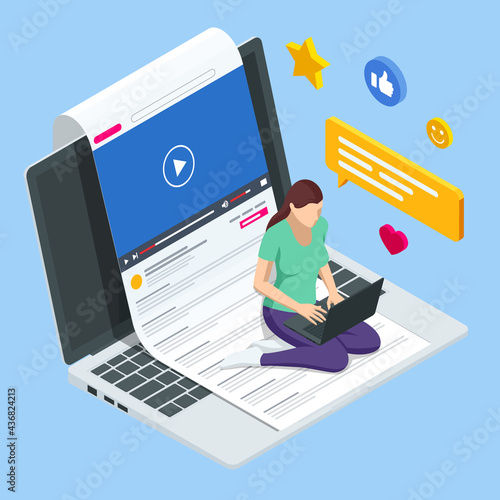 Isometric Video Blogger Recording Video With Camera. Tutorial Blogger, Blog Online, Web Vlogger. Online Influencer Vlogger Girl Cocial Media Live Steaming Concept
