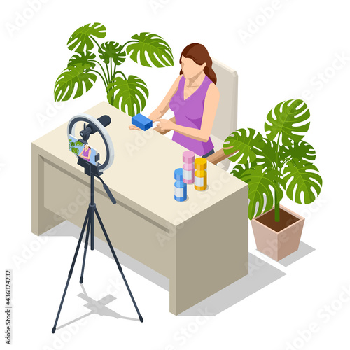 Isometric Video Blogger Recording Video With Camera. Tutorial Blogger, Blog Online, Web Vlogger. Online Influencer Vlogger Girl Cocial Media Live Steaming Concept