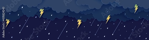 Rain thunder lightning and clouds in the paper cut style. Vector storm weather concept with falling water drops from the cloudy night sky and flash. Storm papercut background horizontal banner.