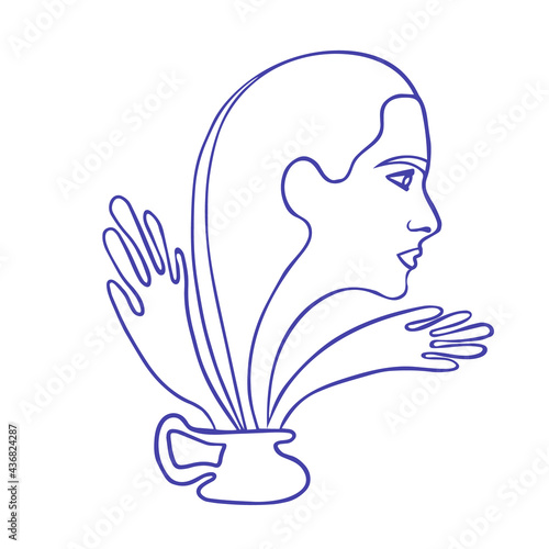 Abstract drawing line art. Woman getting out of a jug. The concept of a complex relationship, the suppression of personality. Unhappy person with psychological problems. vector