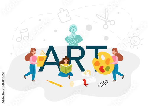 Art typographic header. Student holding art tools. Artist studying