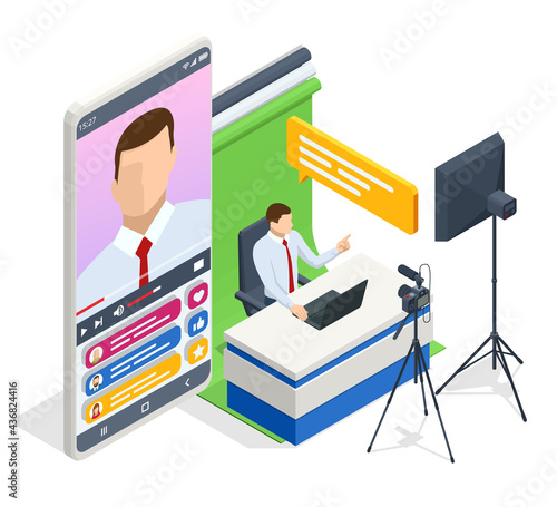 Isometric Video Blogger Recording Video With Camera. Journalist. Tutorial Blogger, Blog Online, Web Vlogger. Online Influencer Vlogger Girl Cocial Media Live Steaming Concept