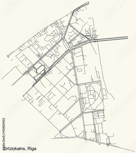 Black simple detailed street roads map on vintage beige background of the quarter Grīziņkalns neighbourhood of Riga, Latvia