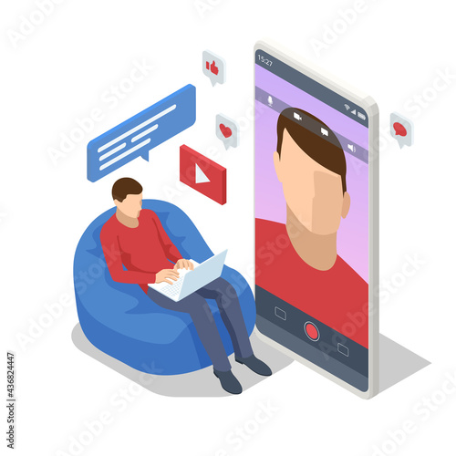 Isometric Video Blogger Recording Video With Camera. Journalist. Tutorial Blogger, Blog Online, Web Vlogger. Online Influencer Vlogger Girl Cocial Media Live Steaming Concept
