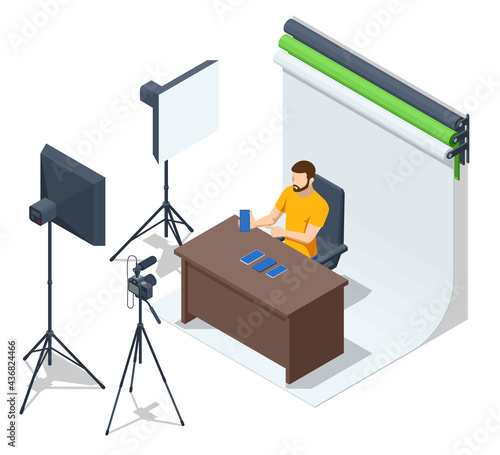Isometric Video Blogger Recording Video With Camera. Journalist. Tutorial Blogger, Blog Online, Web Vlogger. Online Influencer Vlogger Girl Cocial Media Live Steaming Concept