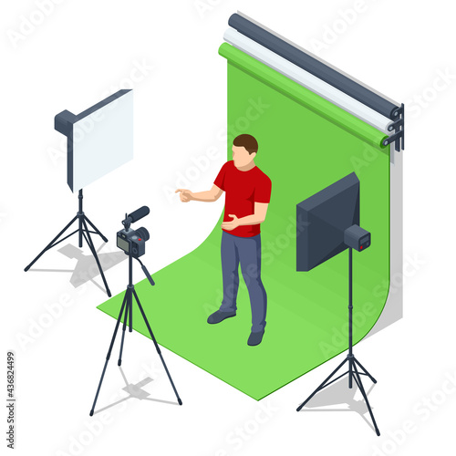 Isometric Video Blogger Recording Video With Camera. Journalist. Tutorial Blogger, Blog Online, Web Vlogger. Online Influencer Vlogger Girl Cocial Media Live Steaming Concept