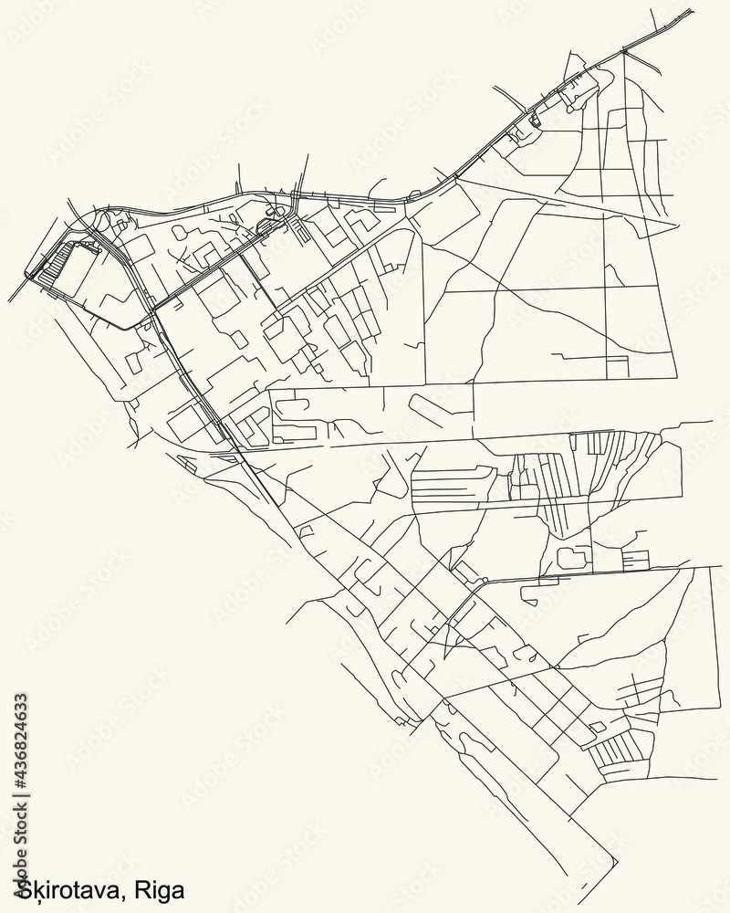 Black simple detailed street roads map on vintage beige background of the quarter Šķirotava neighbourhood of Riga, Latvia
