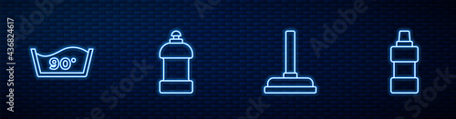 Set line Rubber plunger, Temperature wash, Bottle for cleaning agent and . Glowing neon icon on brick wall. Vector