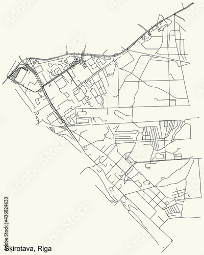 Black simple detailed street roads map on vintage beige background of the quarter Šķirotava neighbourhood of Riga, Latvia