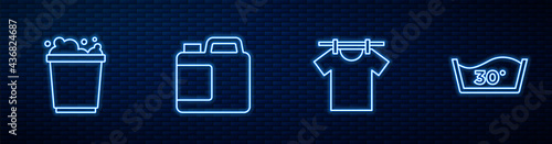 Set line Drying clothes, Bucket with foam, Bottle for cleaning agent and Temperature wash. Glowing neon icon on brick wall. Vector