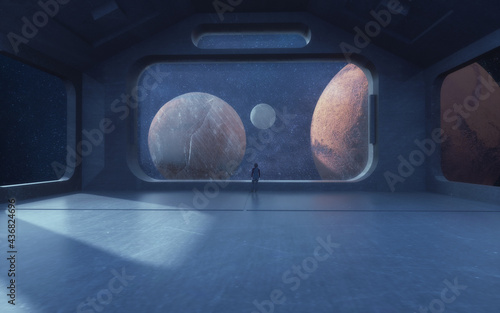 3d render. Futuristic interior and planets