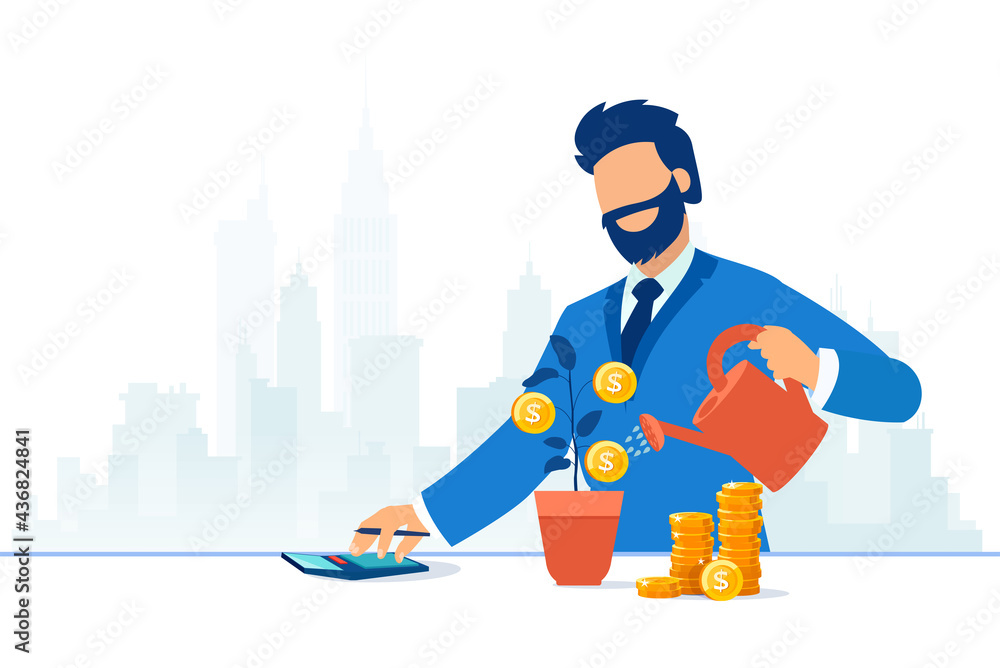 Vector of a business man watering dollar plant making calculations Vector of a business man watering dollar plant making calculations