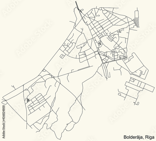 Black simple detailed street roads map on vintage beige background of the quarter Bolderāja neighbourhood of Riga, Latvia