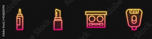 Set line Eye shadow palette, Cream or lotion cosmetic tube, Lipstick and Epilator. Glowing neon icon. Vector