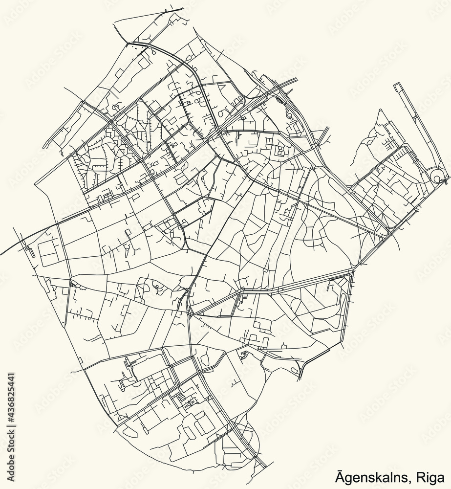 Black simple detailed street roads map on vintage beige background of the quarter Āgenskalns neighbourhood of Riga, Latvia