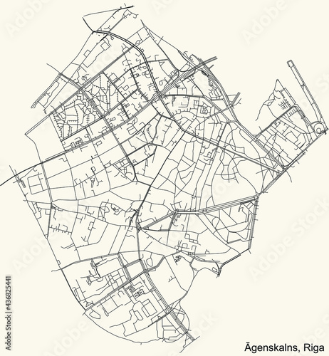 Black simple detailed street roads map on vintage beige background of the quarter Āgenskalns neighbourhood of Riga, Latvia