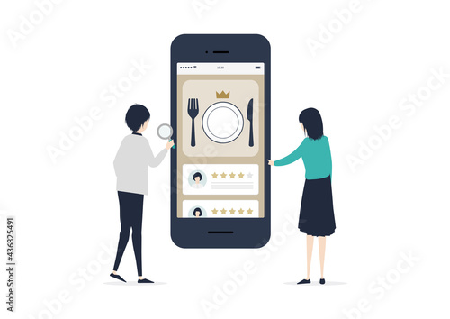 グルメサイトでクチコミを調べる日本人カップルのイラスト素材