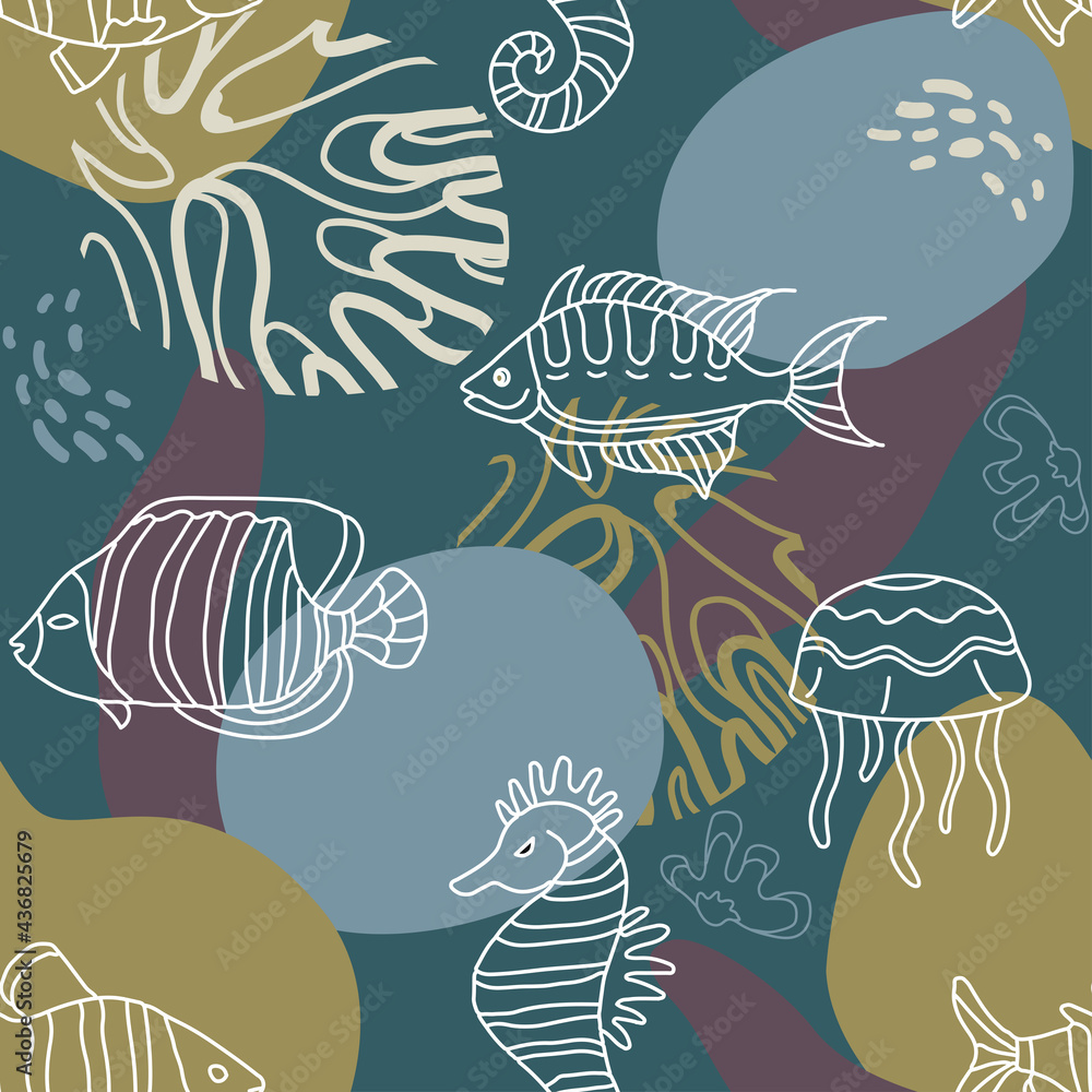 Naklejka premium Seamless marine pattern with corals and fish. Trendy design for wallpaper, textile design, packing, fabric. Modern vibrant background. 