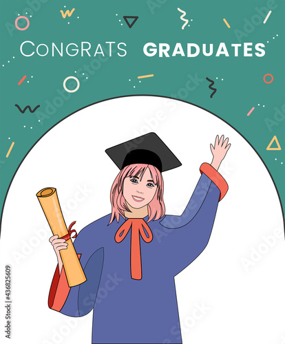 Congrats graduates. Graduate woman with graduation gown and hat on yellow background. Colorful design. Vector flat illustration, cartoon style.