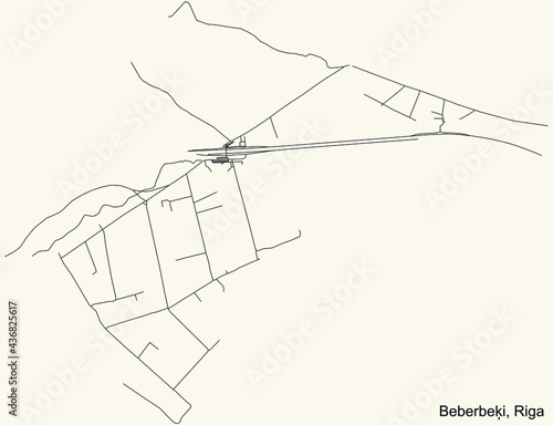 Black simple detailed street roads map on vintage beige background of the quarter Beberbeķi neighbourhood of Riga, Latvia
