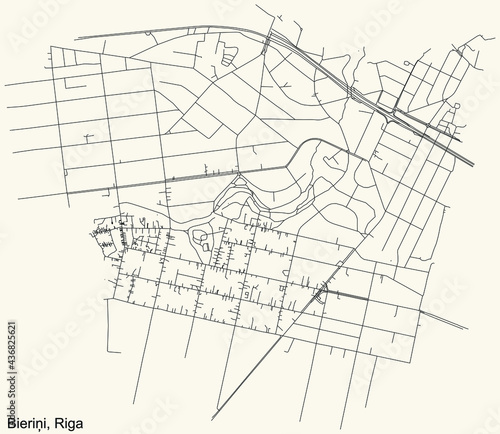 Black simple detailed street roads map on vintage beige background of the quarter Bieriņi neighbourhood of Riga, Latvia