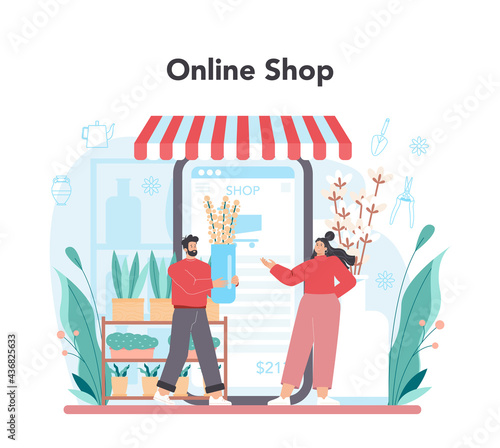 Florist online service or platform. Floral designer making bouquet