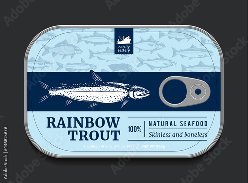 Canned rainbow trout label template, vector fish tin can with label cover, packaging design concept