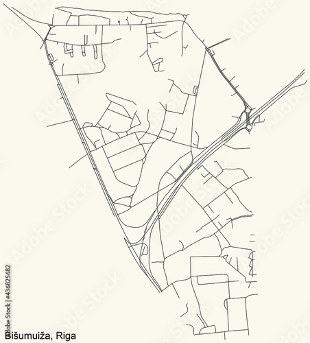 Black simple detailed street roads map on vintage beige background of the quarter Bišumuiža neighbourhood of Riga, Latvia
